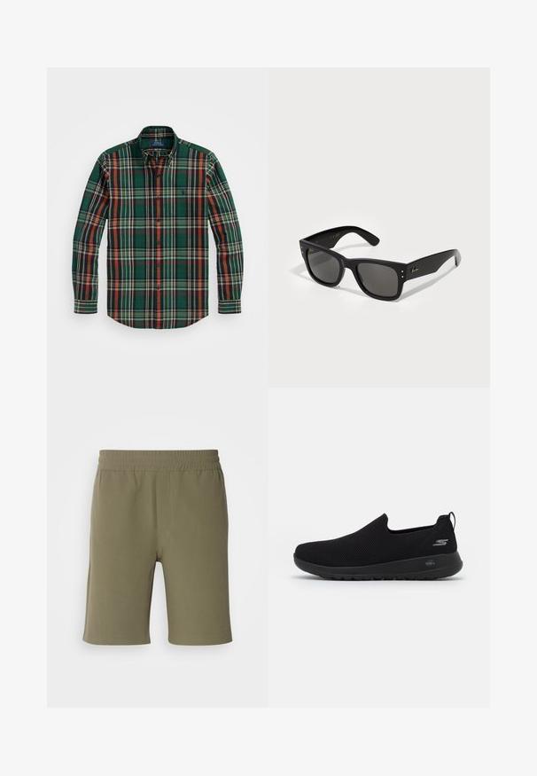 Green plaid button-up shirt with orange, navy, and white stripes. Features a classic collar and long sleeves, made from soft cotton fabric.; Olive green shorts with an elastic waistband, straight cut, and smooth texture. Features a simple design without pockets or embellishments.; Black slip-on sneaker with a breathable mesh upper, round toe, and cushioned rubber sole. Features a logo on the side.; Black sunglasses with a square frame, featuring dark lenses. Accented with small gold dots and a gold logo on the temple. Smooth texture.