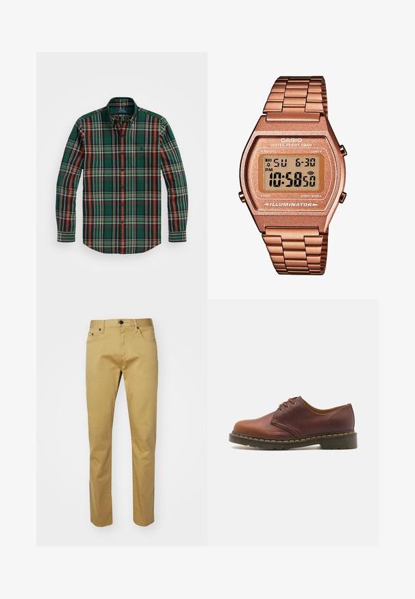 Zeleno karirana srajca na gumb z oranžnimi, mornarsko modrimi in belimi črtami. Ima klasičen ovratnik in dolge rokave, izdelana je iz mehkega bombažnega materiala.; GAP PANT - Kavbojke slim fit - brown; Rjavi usnjeni čevelj z gladko površino, okroglo kapo in petimi luknjami za vezanje. Opremljen je z rumenim šivom ob podplatu in teksturiranim petnim delom.; Digitalna Casio ura z rožnato zlato kovinsko zanko, pravokotno ohišje, osvetljen prikaz, vodoodpornost, ki prikazuje čas in datum.