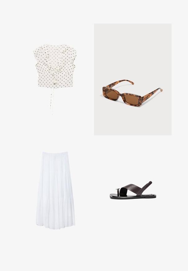 Bela bluzica z črnimi pikami, kratkimi razpihanimi rokavi, nabranim sprednjim delom in vrvico na robu za prilagodljivo prileganje.; Bela, večerna maksi krila iz lahkega materiala. Ima elastičen pas in tekoč dizajn z mehko, subtilno teksturo.; Rjave usnjene sandale s prečnimi trakovi, ravnim podplatom in majhnim okroglim okrasjem. Gladka tekstura, minimalističen slog.; Želve sunčane naočale s pravokutnim smešnim lećama, debelim okvirom i tankim ručkama s uzorkom različitih nijansi smeđe boje.