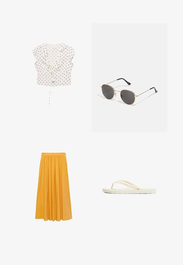 Blouse blanche avec des pois noirs, manches courtes volantées, détail froncé à l'avant et ourlet avec cordon de serrage pour un ajustement réglable.; Jupe midi jaune moutarde, en tissu léger, avec une taille froncée et une silhouette fluide, présentant une texture lisse et un éclat subtil.; Tongs en caoutchouc crème avec une semelle plate, présentant un lit de pied texturé, un design minimaliste et des lanières étroites. Dessous noir avec un motif antidérapant.; Lunettes de soleil rondes avec des verres foncés, fine monture en métal doré, embouts en plastique et plaquettes de nez ajustables. Design minimaliste avec un look classique.; Sac à main beige en tricot avec un design froncé et une forme arrondie, doté d'une finition en tissu texturé et d'une ouverture supérieure douce.