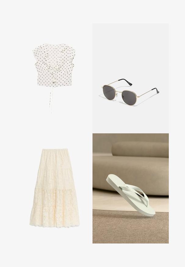 Witte blouse met zwarte stippen, korte klokmouwen, ruches aan de voorkant en een trekkoordonderkant voor een verstelbare pasvorm.; Maxi rok van kant in zacht ivoor, met een gelaagd ontwerp, geschulpte zoom, elastische tailleband en een bloemdessin van kant over de hele rok.; Lichtgroene rubberen teenslipper met een gestructureerd voetbed en dunne bandjes, verhoogd geplaatst boven een zachte, neutrale achtergrond.; Ronde zonnebril met donkere lenzen, dunne gouden metalen rand, plastic tempeltips en verstelbare neuspads. Minimalistisch ontwerp met een klassiek uiterlijk.