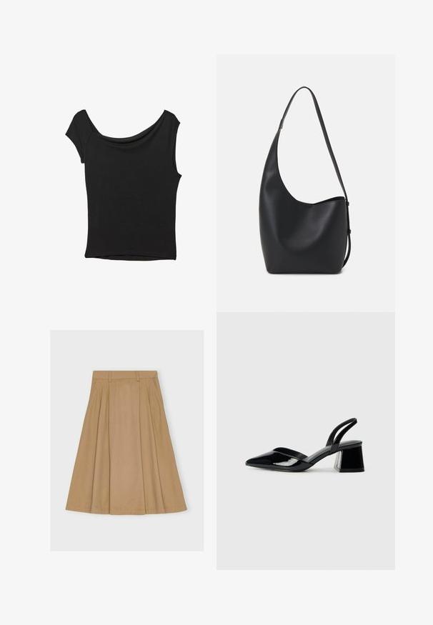 Črna kratka majica s kratkimi rokavi iz gladkega blaga; ima drapiran izrez in asimetrično spodnjo rob, s prilegnjenim telesom.; Krilo do kolen, nabrano iz svetlo rjave bombažne tkanine, ki ima prilegajoč pas z zunanjimi zankami in ravno obrobo.; Črne lakirane slingback pete s koničastim nosom in geometrijsko blokasto peto. Imajo eleganten, minimalističen dizajn in gladko teksturo.; Črna usnjena hobo torba z gladko teksturo, ukrivljeno obliko in eno nastavljivo naramnico; ima širok odprtina na vrhu.