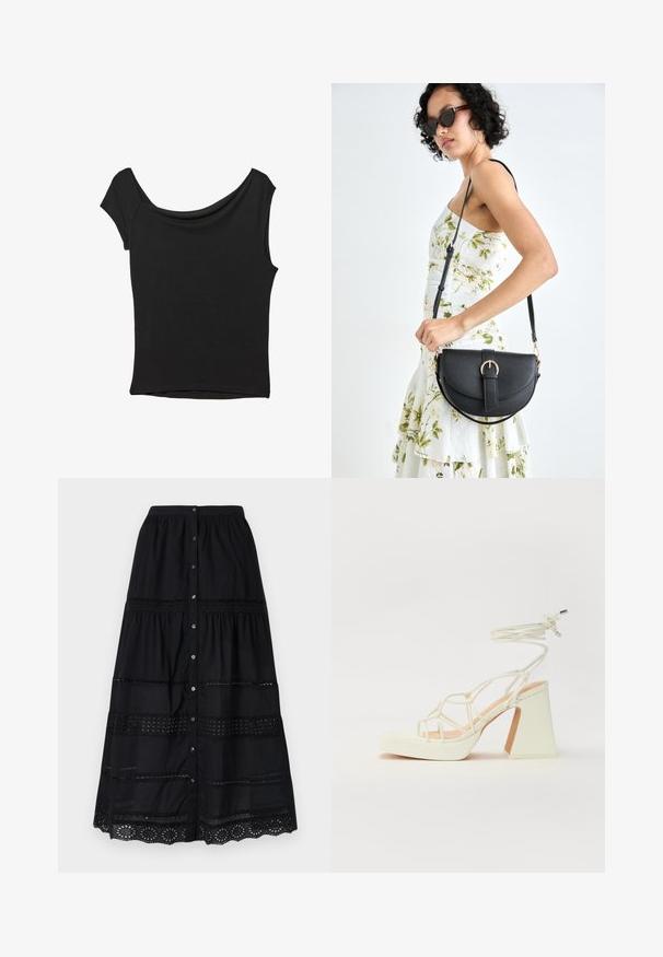 Svart kortärmad topp i slät tyg; har en draperad halsringning och asymmetrisk nederkant, med en figursydd kropp.; Svart knapp-up kjol med en lagerdesign, med spetsdetaljer och en texturerad tyg. Inkluderar silverknappar fram.; Vit högklackad sandal med en kraftig klack, med ett remdesign och ankelband. Slät textur med en plattform framtill för ökad höjd.; Svart läderhandväska med en böjd form, avtagbar rem och guldiga detaljer. Väskan har ett lock med en spänndetalj.