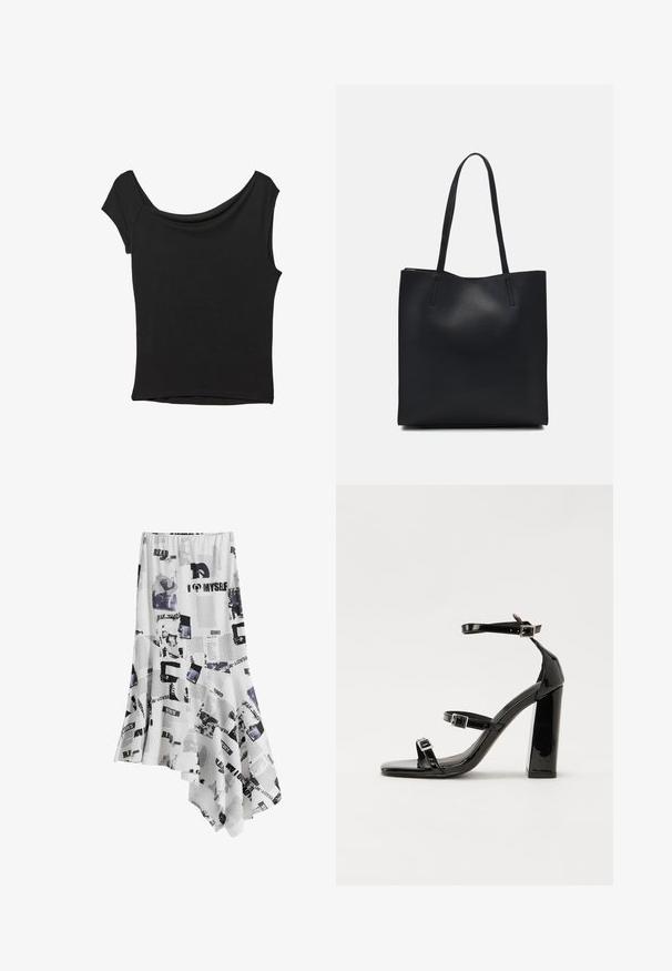 Haut noir à manches courtes en tissu lisse ; il présente un col drapé et un ourlet asymétrique, avec un corps ajusté.; Jupe asymétrique blanche avec un design imprimé comportant du texte et des images en noir, confectionnée en tissu léger. Les bordures sont doucement ourlées.; Sandales à talons vernies noires avec un bout carré, des sangles autour de la cheville et des boucles en argent. Dotées d'un talon bloc épais pour plus de stabilité.; Sac fourre-tout en cuir noir avec une texture lisse, de forme rectangulaire et deux longues poignées. Pas de matériel ou d'ornementations visibles.