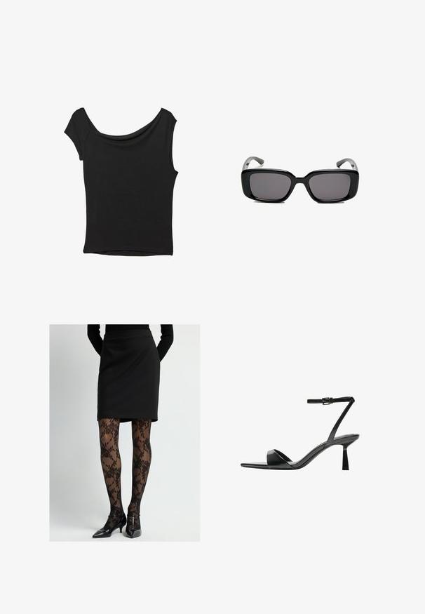 Černý krátký rukáv top vyrobený z hladké látky; má drapovaný výstřih a asymetrický lem, s přiléhavým střihem.; Černá tužková sukně sladěná s průhlednými černými punčochami s květinovým vzorem a černými lakkovými lodičkami s zavřenou špičkou a nízkým podpatkem.; Bershka Sandály na vysokém podpatku - black; Černé obdélníkové sluneční brýle s tmavými skly, hladkým plastovým rámem a zakřivenými stranicemi. Design je robustní s minimalistickou estetikou.
