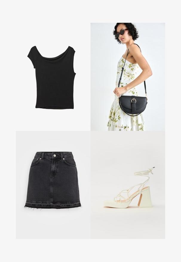 Černý krátký rukáv top vyrobený z hladké látky; má drapovaný výstřih a asymetrický lem, s přiléhavým střihem.; Černá džínsová mini sukně s rovným siluetou, předními kapsami, kovovým zapínáním na knoflík a roztrhaným lemem.; Bílé sandály na vysokém podpatku s robustním podpatkem, s designem s pásky a zavazováním kolem kotníku. Hladký povrch s platformou vpředu pro zvýšení výšky.; Černá kožená kabelka s křivkovým tvarem, odnímatelným popruhem a zlatými detaily. Kabelka má klopu s přezkou.