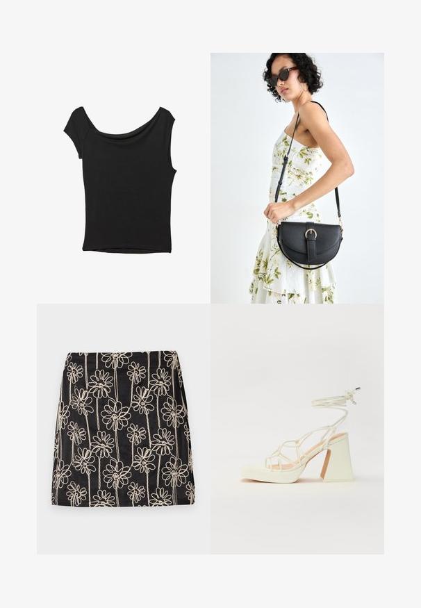 Haut noir à manches courtes en tissu lisse ; il présente un col drapé et un ourlet asymétrique, avec un corps ajusté.; Jupe noire ornée de broderies florales blanches avec des motifs en boucle. Texture lisse et forme ajustée, avec des détails de couture visibles.; Sandale blanche à talons hauts avec un talon épais, présentant un design à lanières et un lien autour de la cheville. Texture lisse avec une plateforme à l'avant pour une hauteur supplémentaire.; Sac à main en cuir noir avec une forme courbée, bandoulière amovible et des accessoires en or. Le sac est doté d'un rabat avec un détail de boucle.