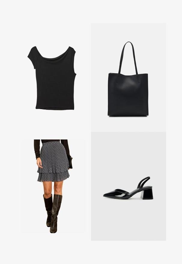 Črna kratka majica s kratkimi rokavi iz gladkega blaga; ima drapiran izrez in asimetrično spodnjo rob, s prilegnjenim telesom.; Črna in bela vzorčasta večplastna krila s puhasto zasnovo, v kombinaciji s črnimi usnjenimi škornji do kolen. Gladka tekstura in oprijet pas.; Črne lakirane slingback pete s koničastim nosom in geometrijsko blokasto peto. Imajo eleganten, minimalističen dizajn in gladko teksturo.; Črna usnjena torba s svilnato teksturo, pravokotne oblike in dvema dolgima ročajema. Brez vidnih metalnih delov ali okrasnih elementov.