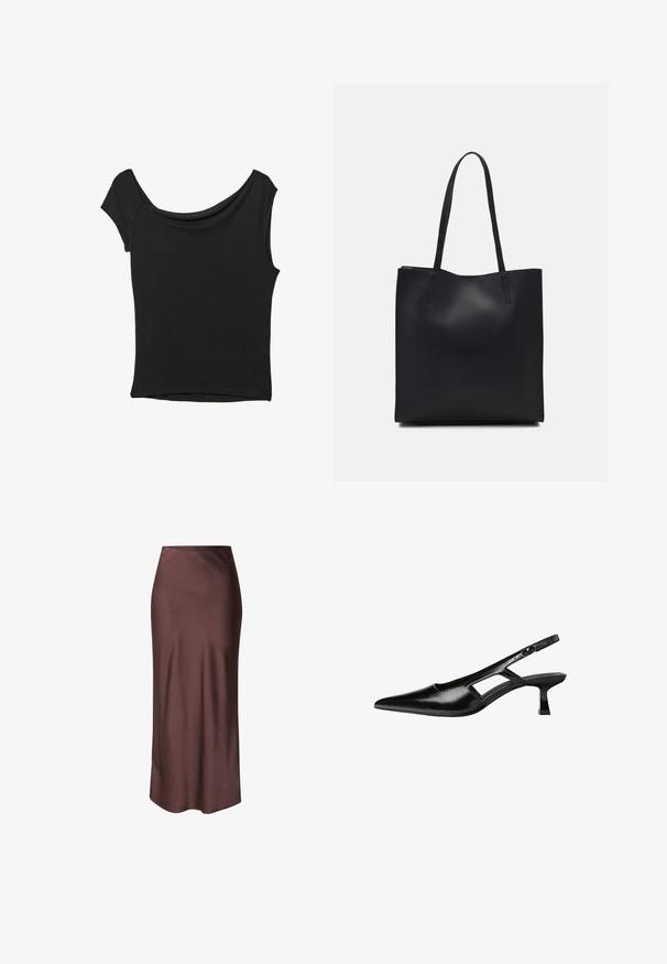 Schwarzes Kurzarmoberteil aus glattem Stoff; hat einen drapierten Ausschnitt und einen asymmetrischen Saum, mit einem figurbetonten Körper.; Brauner Satin-Midirock mit glatter Textur, tailliertem Schnitt und geradem Silhouette, der einen subtilen Glanz aufweist und keine sichtbaren Muster hat.; Schwarze Lackleder-Slingback-High Heels mit spitzer Zehenform, ausgeschnittenem Seitendesign und kleinem Blockabsatz. Glatte Textur mit minimalen Akzenten.; Schwarze Laptoptasche aus Leder mit glatter Textur, rechteckiger Form und zwei langen Griffen. Keine sichtbaren Beschläge oder Verzierungen.