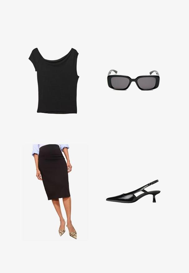 Musta lyhythihainen paita, joka on valmistettu sileästä kankaasta; siinä on laskeutuva kaula-aukko ja epäsymmetrinen helma, sekä istuva malli.; Musta kynähame, joka on valmistettu sileästä kankaasta, polvipituisena, yhdistettynä teräväsakaraisiin käärmeennahkakengillä, joissa on tyylikäs siluetti.; Mustat lakatut nahkakengät, joissa on viistopää, leikattu sivusuunnassa ja pieni neliökoroke. Sujuva pinta, jossa on minimaalinen koristelu.; Mustat suorakulmaiset aurinkolasit tummilla linsseillä, sileä muovikehys ja kaarevat templet. Suunnittelu on jykevä ja minimalistinen.