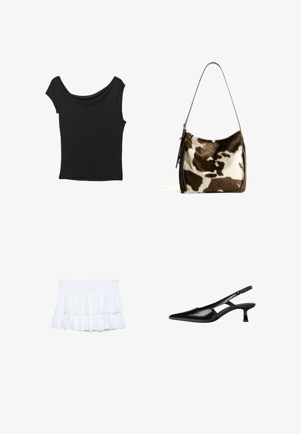 Sort kortærmet top lavet af glat stof; har en draperet halsudskæring og en asymmetrisk kant, med en tætsiddende pasform.; Hvide rynkede shorts med en smocket talje, der har lag af stof og subtile teksturdetaljer. Let og afslappet design.; Sorte patentlæder slingback hæle med spids tå, udskåret sideskærm og en lille firkantet hæl. Glat tekstur med minimale detaljer.; Brun og creme farvet koe læder skuldertaske med en glat læderrem, lynlås lukning og en blød, tekstureret overflade med et naturligt mønster.
