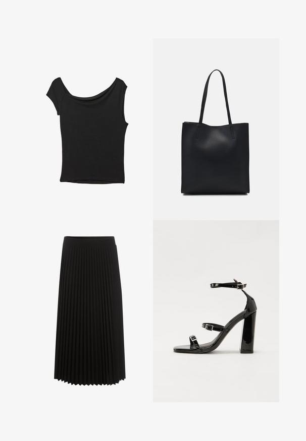 Svart kortärmad topp i slät tyg; har en draperad halsringning och asymmetrisk nederkant, med en figursydd kropp.; Svart plisserad kjol med bred elastisk midjeband, knälång, som visar vertikala plisseringar för textur och rörelse.; Svarta lackerade klacksandaler med fyrkantig tå, ankelremmar och silverfärgade spännen. Har en kraftig blockklack för stabilitet.; Svart lädertoffelväska med slät textur, rektangulär form och två långa handtag. Ingen synlig hårdvara eller dekorationer.