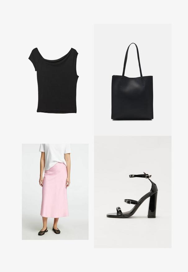 Črna kratka majica s kratkimi rokavi iz gladkega blaga; ima drapiran izrez in asimetrično spodnjo rob, s prilegnjenim telesom.; Svetlo roza midi krilo iz gladkega blaga, z ravnim krojem. V kombinaciji s črnimi pletenimi natikači. Delno vidna bela majica.; Črne lakirane sandale s peto, kvadratnim prstom, trakovi okrog gležnja in srebrnimi zaponkami. Opremljene so s stabilno Debelo peto.; Črna usnjena torba s svilnato teksturo, pravokotne oblike in dvema dolgima ročajema. Brez vidnih metalnih delov ali okrasnih elementov.