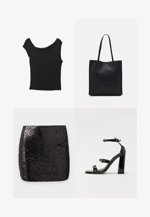 Sort kortærmet top lavet af glat stof; har en draperet halsudskæring og en asymmetrisk kant, med en tætsiddende pasform.; Sort palietteret mini nederdel med en tætsiddende form, glat tekstur og skinnende overflade, der reflekterer lys og skaber visuel interesse.; Sorte patenterede hælsandaler med firkantet tå, ankelremme og sølvspænder. Har en chunky blokHæl for stabilitet.; Sort læder tote taske med glat tekstur, rektangulær form og to lange hanke. Ingen synlig hardware eller udsmykninger.
