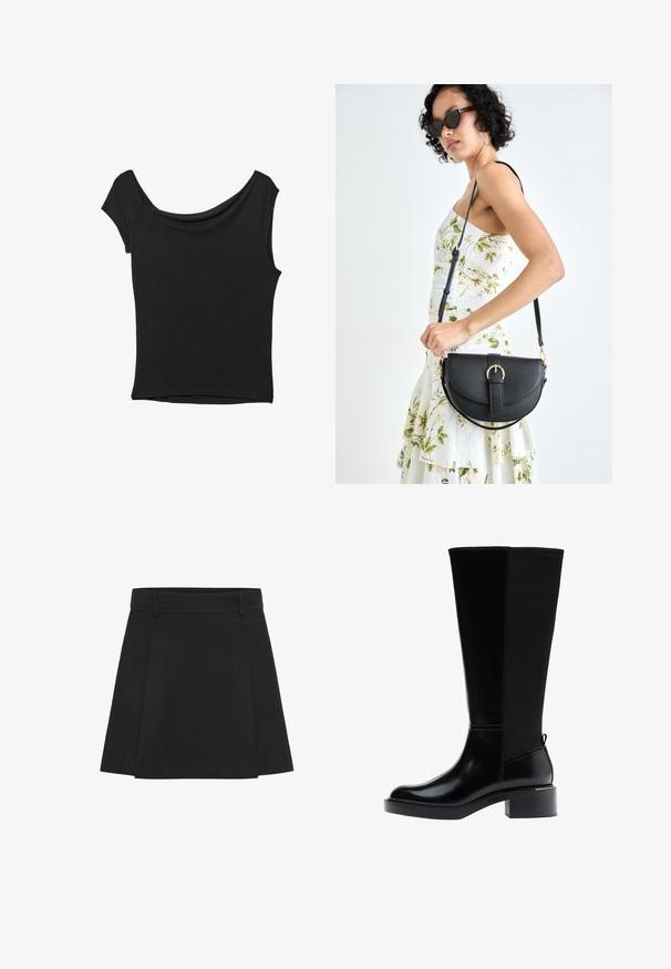 Czarna bluzka z krótkim rękawem, wykonana z gładkiego materiału; posiada dekolt w stylu drapowanym oraz asymetryczny dół, z dopasowanym krojem.; Czarna spódnica plisowana z usztywnionym pasem. Wykonana z teksturowanej tkaniny, charakteryzuje się wyraźnymi fałdami i prostym dołem.; Czarny kozaki za kolano z gładkim wykończeniem ze skóry, widocznym przeszyciem, masywnym obcasem i fakturowanym tylnym panelem dla dodatkowego efektu.; Czarna skórzana torebka o zakrzywionym kształcie, z odpinanym paskiem i złotymi akcentami. Torebka posiada klapę z zapięciem w kształcie klamry.