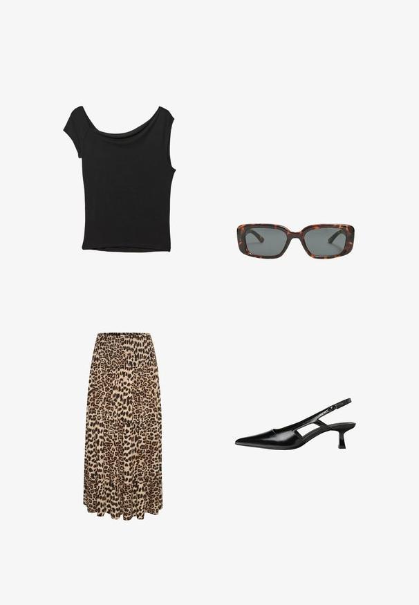 Haut noir à manches courtes en tissu lisse ; il présente un col drapé et un ourlet asymétrique, avec un corps ajusté.; Jupe maxi en imprimé léopard avec une taille smockée et un ourlet à volants superposés, présentant des tons de beige, de marron et de noir dans un tissu doux.; Escarpins slingback en cuir verni noir avec un bout pointu, un design découpé sur les côtés et un petit talon carré. Texture lisse avec des accents minimaux.; Lunettes de soleil en écaille de tortue avec des verres rectangulaires, monture épaisse et verres teintés foncés. Texture lisse et design minimaliste.
