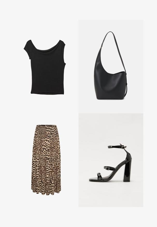 Haut noir à manches courtes en tissu lisse ; il présente un col drapé et un ourlet asymétrique, avec un corps ajusté.; Jupe maxi en imprimé léopard avec une taille smockée et un ourlet à volants superposés, présentant des tons de beige, de marron et de noir dans un tissu doux.; Sandales à talons vernies noires avec un bout carré, des sangles autour de la cheville et des boucles en argent. Dotées d'un talon bloc épais pour plus de stabilité.; Sac hobo en cuir noir avec une texture lisse, une forme incurvée et une seule sangle réglable ; dispose d'une large ouverture en haut.