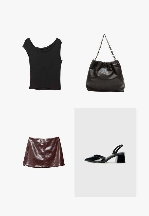 Musta lyhythihainen paita, joka on valmistettu sileästä kankaasta; siinä on laskeutuva kaula-aukko ja epäsymmetrinen helma, sekä istuva malli.; Kiiltävä tummanruskea tekonahkainen minihame, jossa on keskisaumaommels ja lievästi A-linjainen muoto.; Mustat patentoitu nahkakengät, joissa on säären takaosa ja terävä kärki, sekä geometrinen palikkakorko. Sisältää tyylikkään, minimalistisen muotoilun ja sileän pinnan.; Ruskea nahkainen laukku, jossa on kerätty yläosa ja ketjuhihna. Tasainen pinta, jossa kiiltävä viimeistely ja hienovaraiset sauman yksityiskohdat sivuilla.