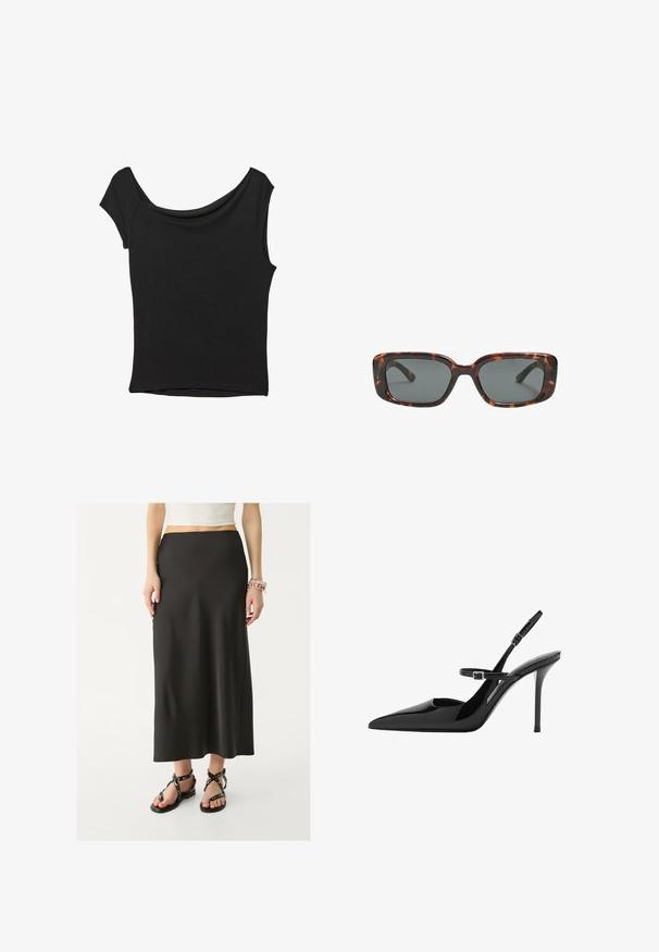 Top nero a maniche corte realizzato in tessuto liscio; presenta un colletto drappeggiato e un orlo asimmetrico, con una vestibilità aderente.; Gonna nera lunga fino al pavimento, realizzata in tessuto liscio con vita aderente. Indossata con sandali neri con cinturini e dettagli metallici.; Slingback in vernice nera con tacco a stiletto, punta affusolata e cinturino regolabile. Superficie liscia con finitura lucida.; Occhiali da sole tartaruga con lenti rettangolari, montatura spessa e lenti scure. Texture liscia e design minimalista.