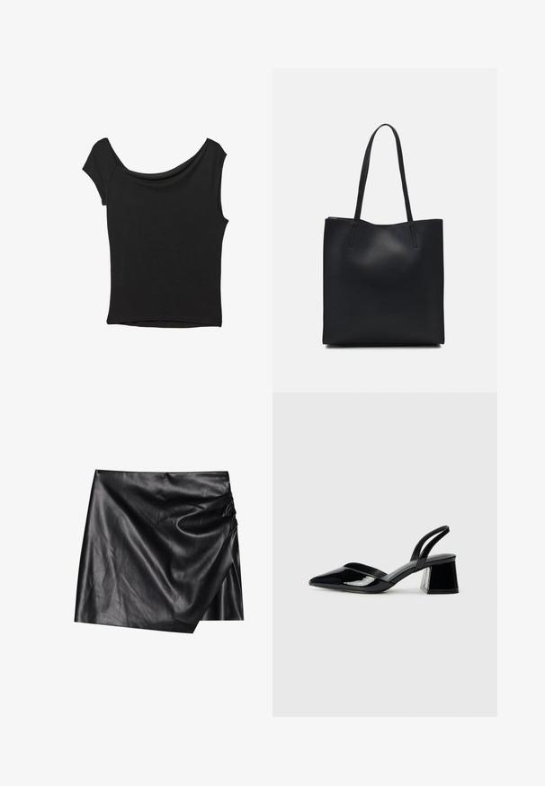 Schwarzes Kurzarmoberteil aus glattem Stoff; hat einen drapierten Ausschnitt und einen asymmetrischen Saum, mit einem figurbetonten Körper.; Schwarzer Leder-Minikilt mit Wickeldesign, ausgestattet mit einer weichen, glatten Textur und dezenten Drapierungselementen auf einer Seite.; Schwarze Lackleder-Slingback-High Heels mit spitzem Schuh und einem geometrischen Blockabsatz. Verfügt über ein schlankes, minimalistisches Design und eine glatte Textur.; Schwarze Laptoptasche aus Leder mit glatter Textur, rechteckiger Form und zwei langen Griffen. Keine sichtbaren Beschläge oder Verzierungen.