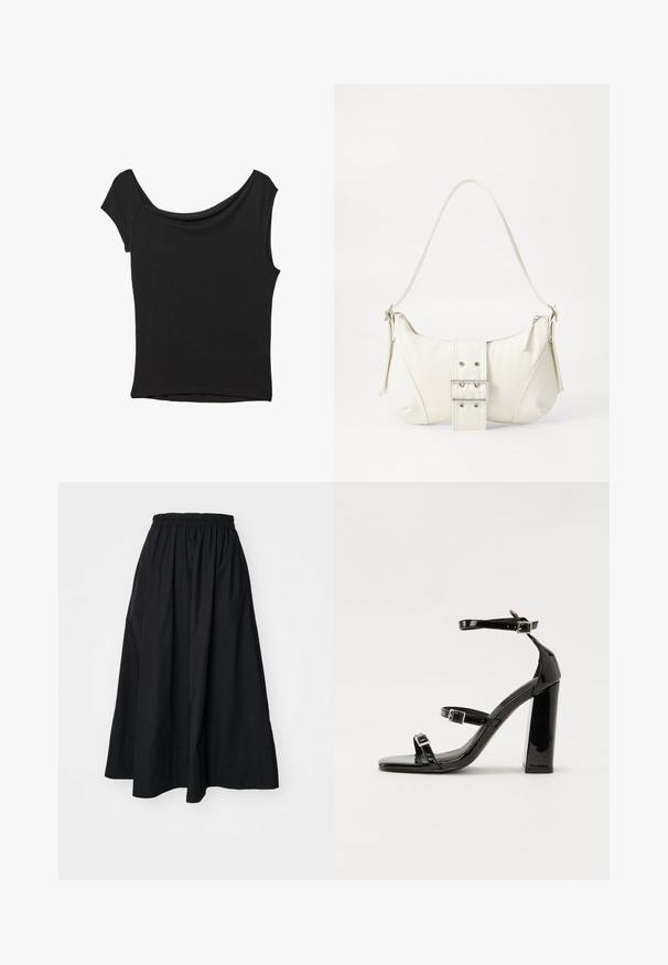 Musta lyhythihainen paita, joka on valmistettu sileästä kankaasta; siinä on laskeutuva kaula-aukko ja epäsymmetrinen helma, sekä istuva malli.; Mustat puuvillamidi-hameet, joissa on joustava vyötärö, täydellinen, virtaava siluetti ja hienovarainen tekstuuri. Ei näkyviä koristeita.; Musta kiiltävä korkokenkä sandaalit neliönmuotoisella varpaalla, nilkkaremmillä ja hopeisilla soljilla. Varustettu tukevalla lohkokorkealla vakauden takaamiseksi.; Valkoinen olkalaukku, jossa on teksturoitu pinta, keskeinen solkiyksityiskohta ja kaareva muoto. Vetoketjusulkimet kummallakin puolella.