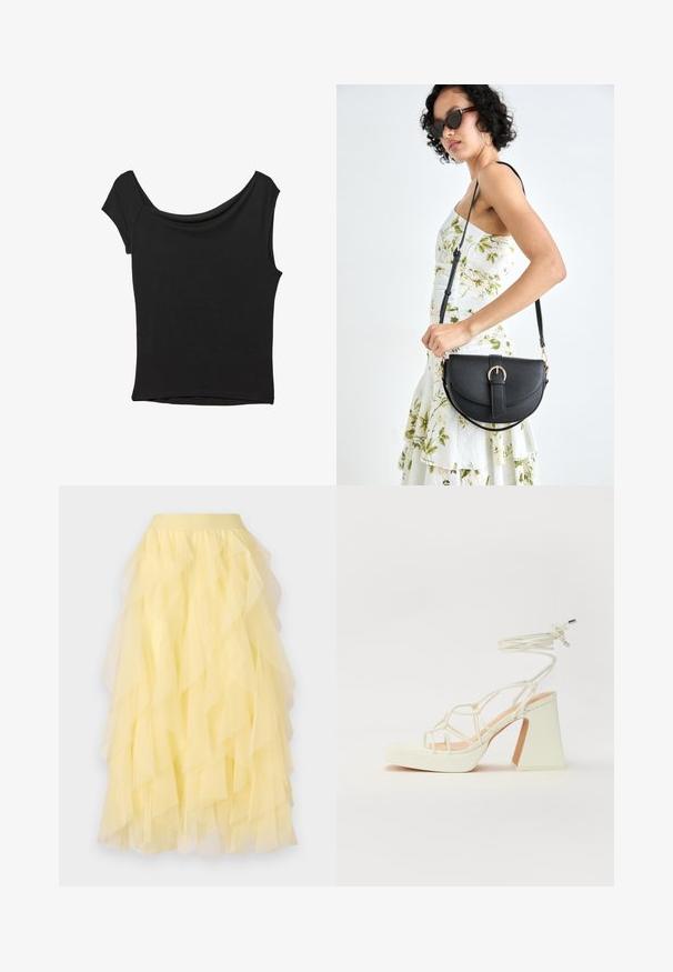 Czarna bluzka z krótkim rękawem, wykonana z gładkiego materiału; posiada dekolt w stylu drapowanym oraz asymetryczny dół, z dopasowanym krojem.; Żółta spódnica warstwowa z przezroczystego tiulu, charakteryzująca się rozkloszowanym krojem z nakładającymi się falbanami oraz elastycznym pasem.; Biała sandał na wysokim obcasie z masywnym słupkiem, z paskowym wzorem i wiązaniem przy kostce. Gładka faktura z platformą z przodu dla dodatkowej wysokości.; Czarna skórzana torebka o zakrzywionym kształcie, z odpinanym paskiem i złotymi akcentami. Torebka posiada klapę z zapięciem w kształcie klamry.