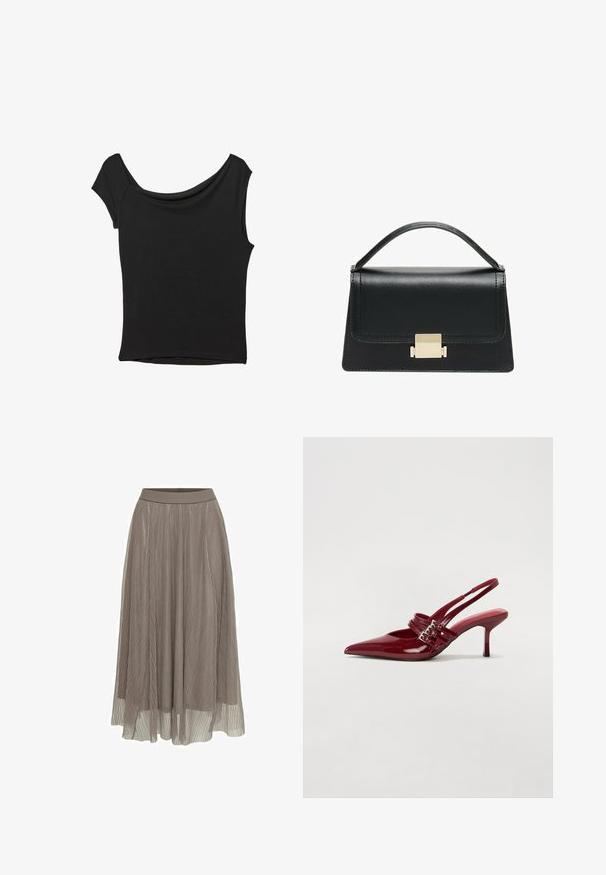 Black short-sleeve top made of smooth fabric; features a draped neckline and an asymmetrical hemline, with a fitted body.; Pleated maxi skirt in taupe, featuring a smooth waistband and a flowing silhouette. Made of lightweight, sheer material with fine texture.; Red patent leather slingback heels with a pointed toe, two buckle straps, and a slim, mid-height stiletto heel. Smooth texture.; Black leather handbag with a structured design, top handle, and a gold metal clasp detail on the front. Smooth texture, minimal stitching.