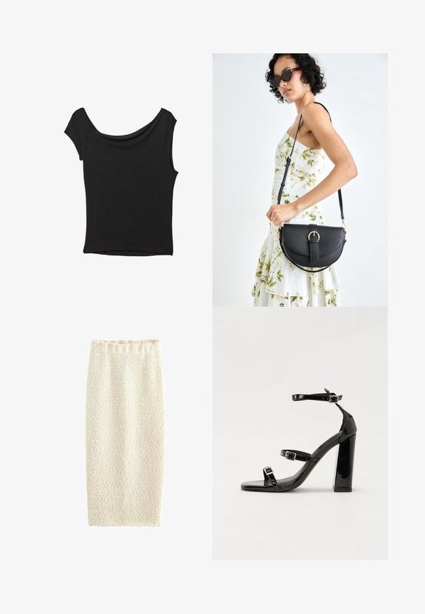 Schwarzes Kurzarmoberteil aus glattem Stoff; hat einen drapierten Ausschnitt und einen asymmetrischen Saum, mit einem figurbetonten Körper.; Strick-Bleistiftrock in Creme mit strukturierter Oberfläche, elastischem Bund und tailliertem Schnitt, entworfen für einen eleganten Look.; Schwarze patentierte Sandalen mit Absatz, quadratischer Spitze, Knöchelriemen und silbernen Schnallen. Mit einem stabilen Blockabsatz für mehr Stabilität.; Schwarze Lederhandtasche mit geschwungener Form, abnehmbarem Tragegurt und goldenen Beschlägen. Die Tasche verfügt über einen Deckel mit einer Schnallen-Details.