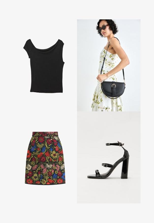 Top nero a maniche corte realizzato in tessuto liscio; presenta un colletto drappeggiato e un orlo asimmetrico, con una vestibilità aderente.; Gonna a fantasia floreale con sfondo nero, fiori colorati in rosso, blu, rosa e verde, con vita aderente e forma a trapezio.; Sandali con tacco in vernice nera, con punta squadrata, cinturini alla caviglia e fibbie in argento. Presentano un tacco a blocco spesso per maggiore stabilità.; Borsa a tracolla nera in pelle con una forma curva, manico rimovibile e accessori dorati. La borsa presenta una patta con un dettaglio a fibbia.