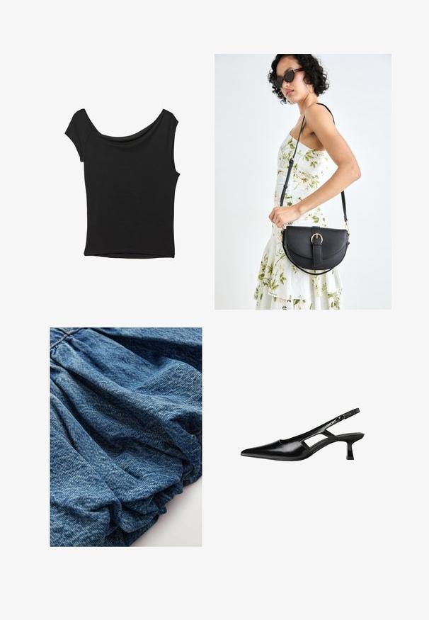 Svart kortärmad topp i slät tyg; har en draperad halsringning och asymmetrisk nederkant, med en figursydd kropp.; Jeansmaterial i en djup blå nyans, med en sammangathererad textur som skapar mjuka veck. Slät yta med subtila färgvariationer.; Svart lackläder slingback-klackar med spetsig tå, utskuren sidor och en liten fyrkantig klack. Slät textur med minimala accenter.; Svart läderhandväska med en böjd form, avtagbar rem och guldiga detaljer. Väskan har ett lock med en spänndetalj.