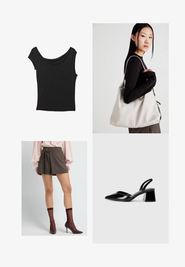 Schwarzes Kurzarmoberteil aus glattem Stoff; hat einen drapierten Ausschnitt und einen asymmetrischen Saum, mit einem figurbetonten Körper.; Brauner taillierter Rock mit einem Wickeldesign und einem runden goldenen Schnallendetail. Kombiniert mit transparenten burgunderfarbenen Socken und braunen High-Heel-Schuhen.; Schwarze Lackleder-Slingback-High Heels mit spitzem Schuh und einem geometrischen Blockabsatz. Verfügt über ein schlankes, minimalistisches Design und eine glatte Textur.; Beige Handtasche aus weichem Material, mit einem lässigen Design, gesteppten Details und zwei Schulterriemen. Geeignet für den täglichen Gebrauch.