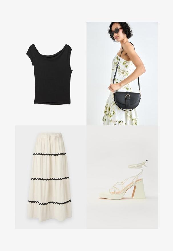 Zwart korte mouwen top gemaakt van een gladde stof; met een gedrapeerde halslijn en een asymmetrische zoom, met een getailleerd lijfje.; Gelaagde enkellange rok van crème stof met zwarte golvende rand. Voorzien van een elastische tailleband voor extra comfort en een vloeiende, lichte val.; Witte hoge hakken sandaal met een chunky hak, met een bandjesontwerp en enkelband. Gladde textuur met een plateau voor extra hoogte.; Zwarte leren handtas met een gebogen vorm, afneembare schouderband en gouden hardware. De tas heeft een klep met een gespsluiting.