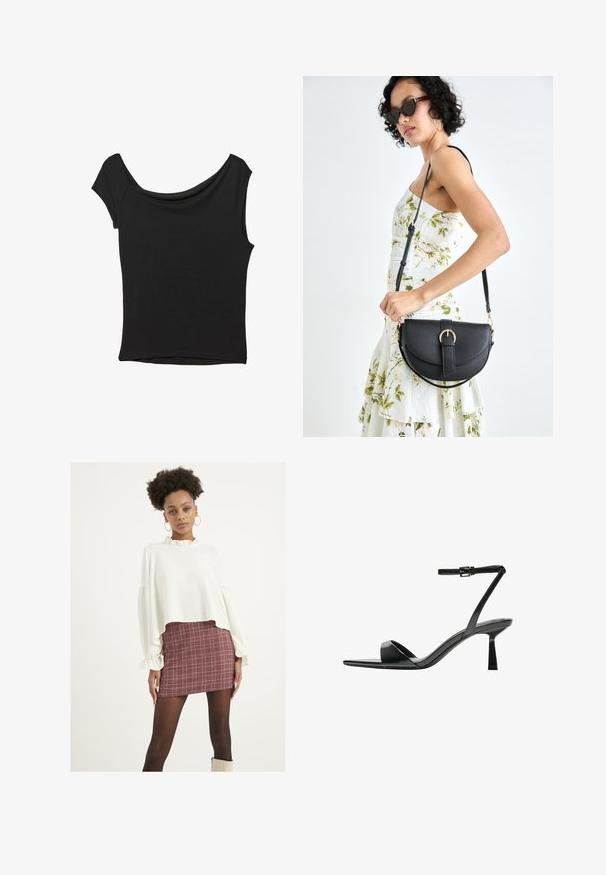 Svart kortärmad topp i slät tyg; har en draperad halsringning och asymmetrisk nederkant, med en figursydd kropp.; Vit, texturerad kort topp med volangkrage och ärmar, kombinerad med en burgundy rutad kjol. Modellen har på sig svarta strumpbyxor och krämfärgade ankelstövlar.; Bershka Sandaletter - black; Svart läderhandväska med en böjd form, avtagbar rem och guldiga detaljer. Väskan har ett lock med en spänndetalj.