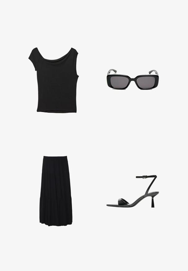Top nero a maniche corte realizzato in tessuto liscio; presenta un colletto drappeggiato e un orlo asimmetrico, con una vestibilità aderente.; Gonna midi nera a strati con cintura elastica, realizzata in tessuto morbido, caratterizzata da una silhouette fluida e una texture liscia.; Bershka Sandali con tacco - black; Occhiali da sole neri rettangolari con lenti scure, montatura in plastica liscia e tempie curve. Il design è voluminoso con un'estetica minimalista.