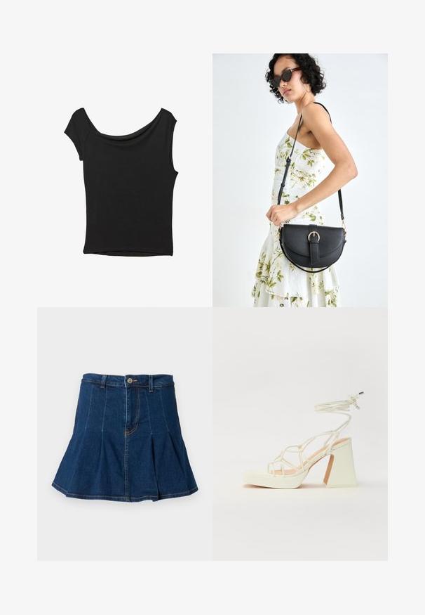 Črna kratka majica s kratkimi rokavi iz gladkega blaga; ima drapiran izrez in asimetrično spodnjo rob, s prilegnjenim telesom.; Jeanskrilo v temno modri barvi, s pregibno zasnovo, petimi žepi, sprednjim gumbom za zapiranje in kontrastnimi šivi.; Bela sandala na visokih petah s debelim petam, ki ima obliko trakcev in vezanje okoli gležnja. Gladka tekstura z platformo spredaj za dodatno višino.; Črna usnjena torbica s ukrivljeno obliko, z odstranljivo naramnico in zlatimi dodatki. Torbica ima pokrov s podrobnostmi v obliki zaponke.