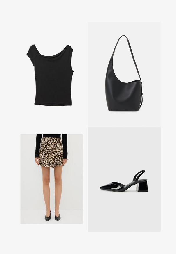 Sort kortærmet top lavet af glat stof; har en draperet halsudskæring og en asymmetrisk kant, med en tætsiddende pasform.; Mini nederdel i leopardmønster lavet af blødt stof, med høj talje og lige pasform. Kombineret med sorte spidse hæle.; Sorte patentlæder slingback hæle med spids tå og en geometrisk blok hæl. Har et elegant, minimalistisk design og en glat tekstur.; Sort læder hobo taske med en glat overflade, buet form og en enkelt justerbar rem; har en bred åbning øverst.