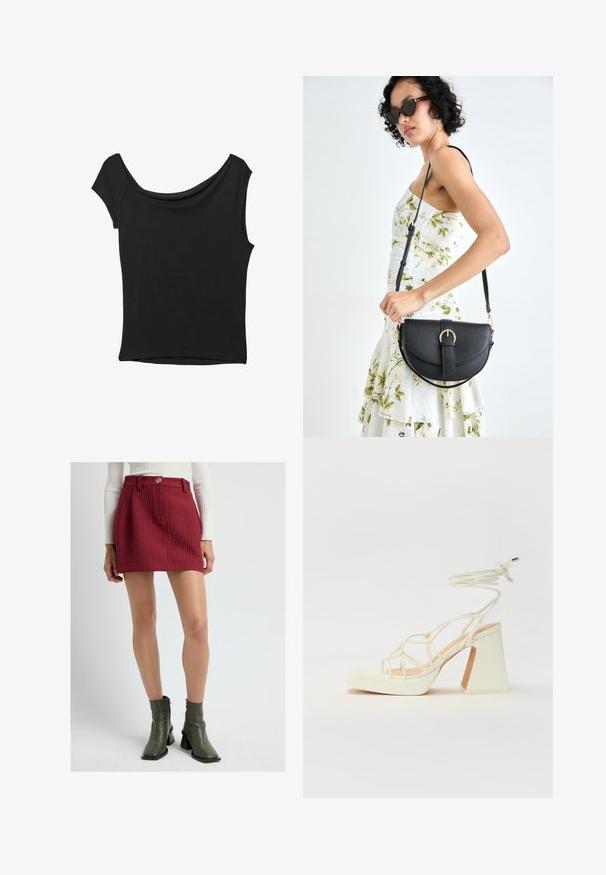 Schwarzes Kurzarmoberteil aus glattem Stoff; hat einen drapierten Ausschnitt und einen asymmetrischen Saum, mit einem figurbetonten Körper.; Frau trägt einen strukturierten roten Minirock mit Frontknopf und olivgrünen Stiefeletten, steht vor einem schlichten hellen Hintergrund.; Weiße High-Heel-Sandale mit einem klobigen Absatz, die über ein Riemchendesign und ein Knöchelband verfügt. Glatte Textur mit einer Plattform vorne für zusätzliche Höhe.; Schwarze Lederhandtasche mit geschwungener Form, abnehmbarem Tragegurt und goldenen Beschlägen. Die Tasche verfügt über einen Deckel mit einer Schnallen-Details.