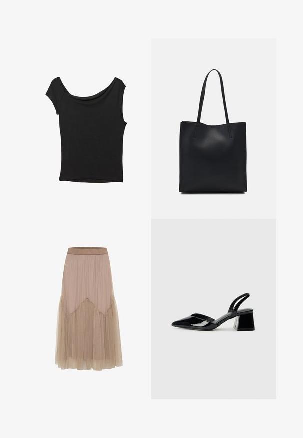 Černý krátký rukáv top vyrobený z hladké látky; má drapovaný výstřih a asymetrický lem, s přiléhavým střihem.; Dlouhá béžová sukně z jemné, lehké látky. Tylová vrstva má volánové okraje, čímž vytváří vrstevnatou texturu a siluetu do A.; Černé lakované kožené lodičky na pásku s špičatou špičkou a geometrickým blokovým podpatkem. Vyznačují se elegantním, minimalistickým designem a hladkým povrchem.; Černá kožená taška přes rameno s hladkým povrchem, obdélníkovým tvarem a dvěma dlouhými uchy. Žádné viditelné kování ani ozdoby.