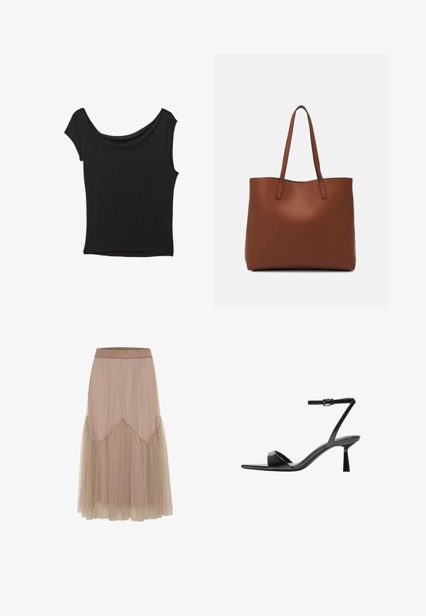 Top nero a maniche corte realizzato in tessuto liscio; presenta un colletto drappeggiato e un orlo asimmetrico, con una vestibilità aderente.; Lunga gonna beige realizzata in un tessuto morbido e leggero. La sovrapposizione in tulle presenta bordi arricciati, creando una texture stratificata e una silhouette a forma di A.; Bershka Sandali con tacco - black; Borsa tote in pelle marrone con texture liscia, design con apertura superiore e due spallacci. Presenta cuciture minime e nessun hardware visibile.