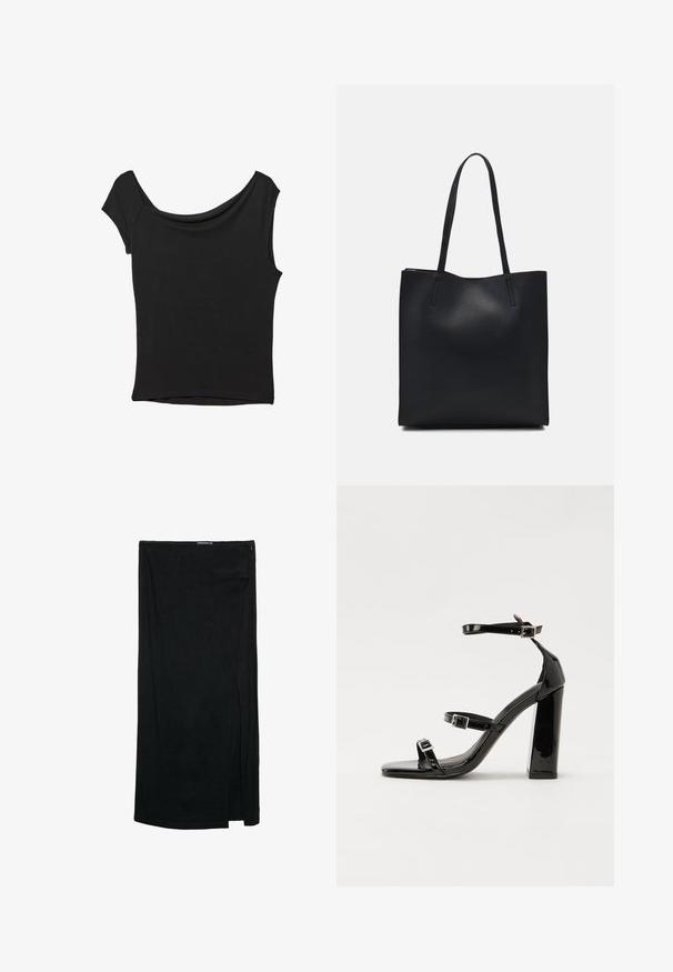 Haut noir à manches courtes en tissu lisse ; il présente un col drapé et un ourlet asymétrique, avec un corps ajusté.; Jupe noire, longueur genou, avec une fente sur le côté, fabriquée en tissu léger avec une texture lisse et un design simple. Fermeture éclair à la taille.; Sandales à talons vernies noires avec un bout carré, des sangles autour de la cheville et des boucles en argent. Dotées d'un talon bloc épais pour plus de stabilité.; Sac fourre-tout en cuir noir avec une texture lisse, de forme rectangulaire et deux longues poignées. Pas de matériel ou d'ornementations visibles.