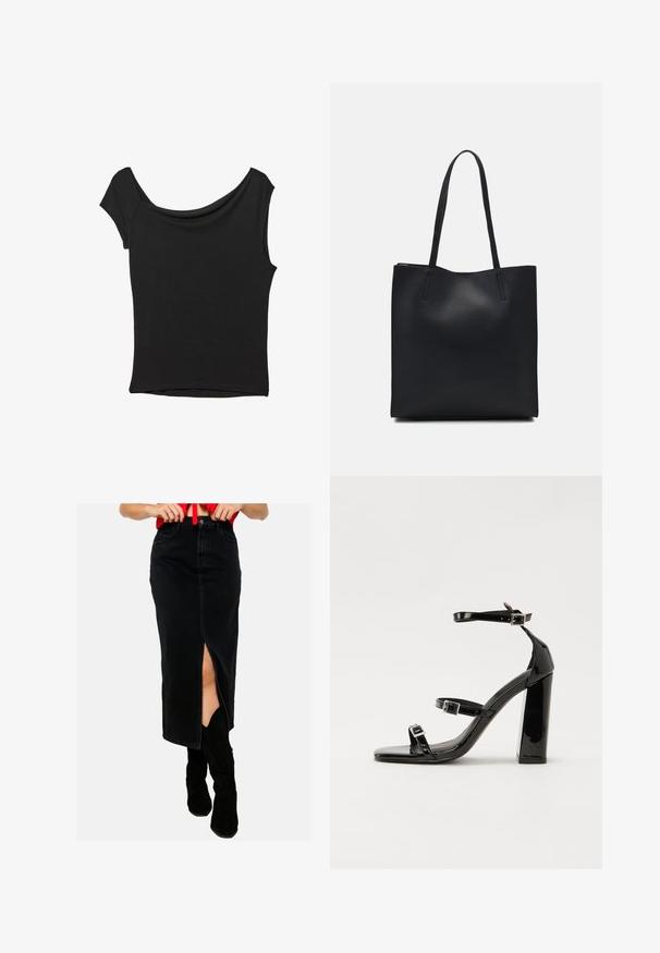 Musta lyhythihainen paita, joka on valmistettu sileästä kankaasta; siinä on laskeutuva kaula-aukko ja epäsymmetrinen helma, sekä istuva malli.; LolaLiza Farkkuhame - black; Musta kiiltävä korkokenkä sandaalit neliönmuotoisella varpaalla, nilkkaremmillä ja hopeisilla soljilla. Varustettu tukevalla lohkokorkealla vakauden takaamiseksi.; Mustapahkainen kangaskassi, jossa on sileä pinta, suorakaiteen muotoinen ja kaksi pitkää kahvaa. Ei näkyvää metalliosaa tai koristeita.