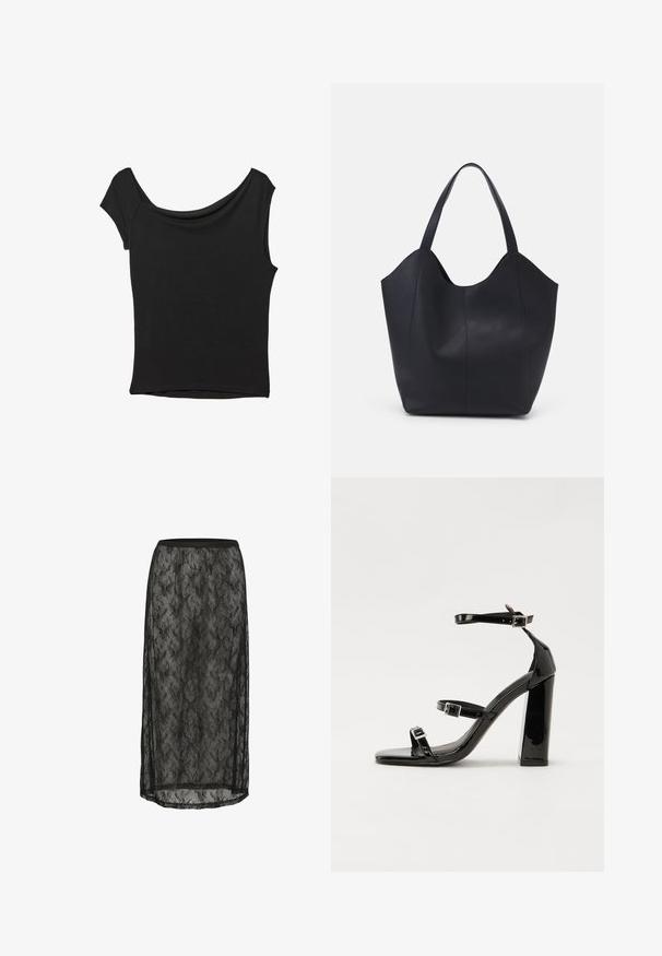 Black short-sleeve top made of smooth fabric; features a draped neckline and an asymmetrical hemline, with a fitted body.; Black lace midi skirt featuring a floral pattern, elastic waistband, and sheer fabric with side slits for added detail and movement.; Black patent heeled sandals with a square toe, ankle straps, and silver buckles. Features a chunky block heel for stability.; Black tote bag made of smooth leather, featuring a curved, open top with two shoulder straps and a minimalist design.
