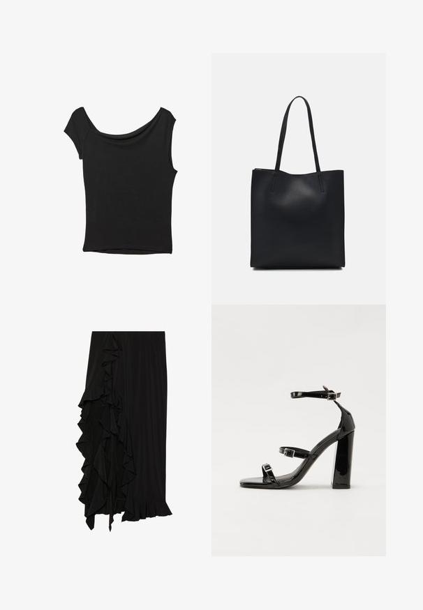 Haut noir à manches courtes en tissu lisse ; il présente un col drapé et un ourlet asymétrique, avec un corps ajusté.; Jupe noire en tissu doux avec un détail à volants sur le côté gauche et une finition à volants en bas, créant une silhouette fluide.; Sandales à talons vernies noires avec un bout carré, des sangles autour de la cheville et des boucles en argent. Dotées d'un talon bloc épais pour plus de stabilité.; Sac fourre-tout en cuir noir avec une texture lisse, de forme rectangulaire et deux longues poignées. Pas de matériel ou d'ornementations visibles.