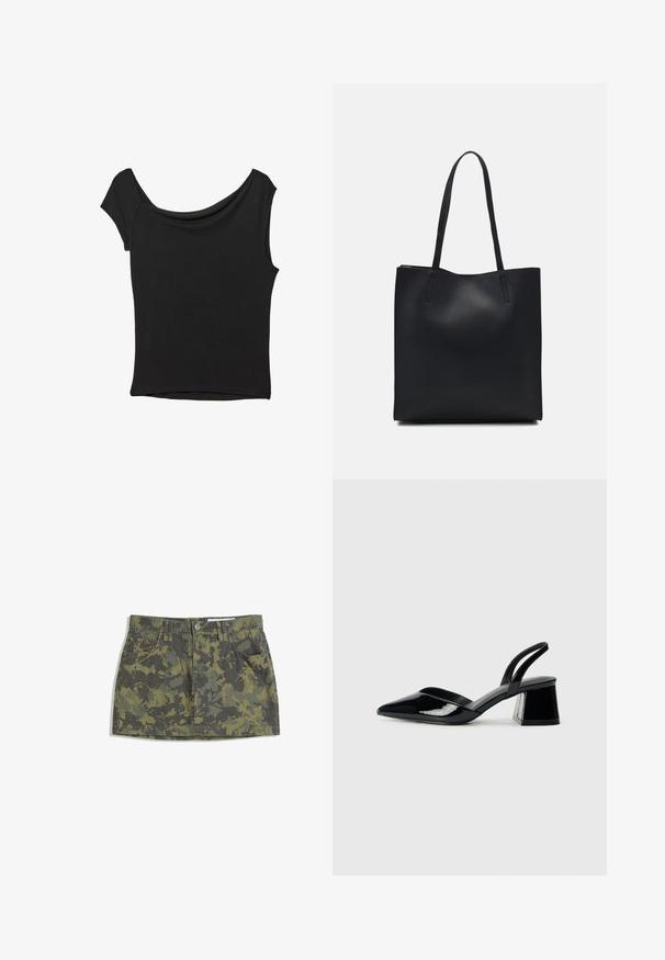 Černý krátký rukáv top vyrobený z hladké látky; má drapovaný výstřih a asymetrický lem, s přiléhavým střihem.; Zelená maskáčová džínová sukně s vypasovaným pasem, čtyřmi kapsami a knoflíkovým zapínáním. Vzor zahrnuje tmavě a svěže zelené listové motivy.; Černé lakované kožené lodičky na pásku s špičatou špičkou a geometrickým blokovým podpatkem. Vyznačují se elegantním, minimalistickým designem a hladkým povrchem.; Černá kožená taška přes rameno s hladkým povrchem, obdélníkovým tvarem a dvěma dlouhými uchy. Žádné viditelné kování ani ozdoby.