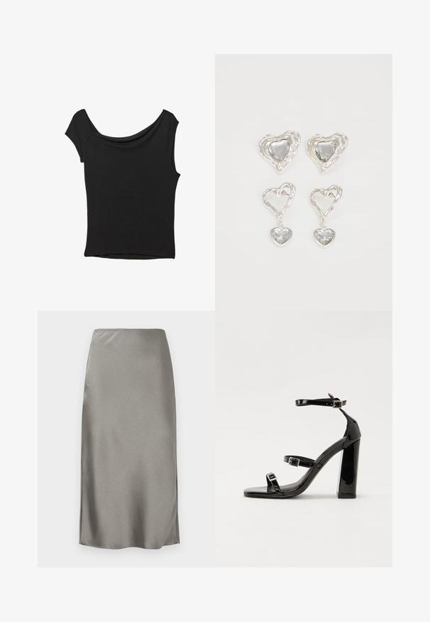 Črna kratka majica s kratkimi rokavi iz gladkega blaga; ima drapiran izrez in asimetrično spodnjo rob, s prilegnjenim telesom.; Siva satenska midi krila z gladko teksturo. Rahlo stranske razpoke izboljšajo gibanje. Minimalističen dizajn, prilegajoč pas in ravna silhueta.; Črne lakirane sandale s peto, kvadratnim prstom, trakovi okrog gležnja in srebrnimi zaponkami. Opremljene so s stabilno Debelo peto.; Srebrni uhani v obliki srca vsebujejo fasetirane prosojne kamne ter teksturiran okvir. Komplet vključuje stenske in viseče sloge.