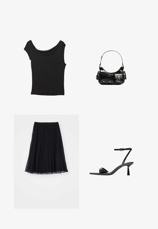 Črna kratka majica s kratkimi rokavi iz gladkega blaga; ima drapiran izrez in asimetrično spodnjo rob, s prilegnjenim telesom.; Črna nabrana krilo iz prozorne tkanine, z elastičnim pasom. Tok raduje do dolžine do sredine meč, kar prikazuje vertikalne gube.; Bershka Sandali z visoko peto - black; Črna lakasta usnjena torbica s ukrivljeno obliko, enim ramenskim trakom, sprednjimi žepi in srebrnimi kovinskimi dodatki.