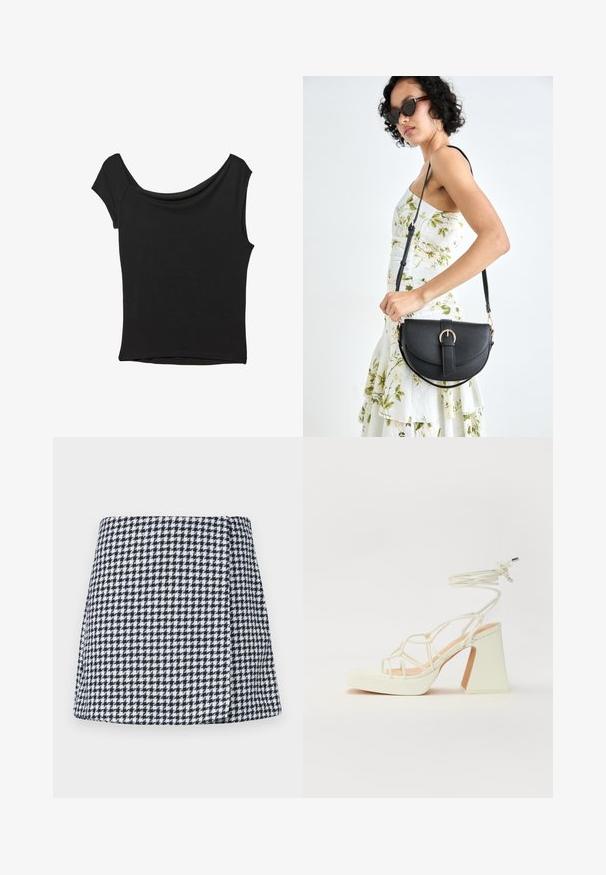 Crna majica kratkih rukava od glatkog materijala; ima drapirani izrez i asimetrični donji rub, uz prilagođeni kroj tijela.; Morska i bijela karirana mini suknja, izrađena od teksturiranog materijala s lepršavim oblikom i skrivenim bočnim patentnim zatvaračem.; Bijela sandala na visokoj potpetici s debelim petom, s remenom i vezanjem oko gležnja. Glatka tekstura s platformom sprijeda za dodatnu visinu.; Crna kožna torba s lukovitim oblikom, odvojivim remenom i zlatnim detaljima. Torba ima preklop s kopčom.