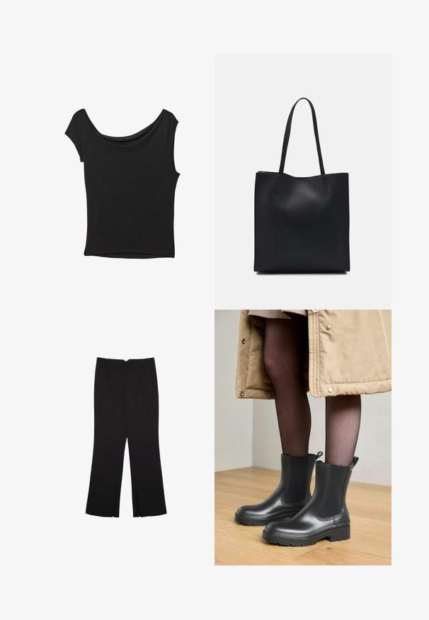 Černý krátký rukáv top vyrobený z hladké látky; má drapovaný výstřih a asymetrický lem, s přiléhavým střihem.; Černé kalhoty s rovným střihem, s předními kapsami a bočními rozparky na lemu. Vyrobené z jemné, hladké tkaniny. Vhodné na různé příležitosti.; Černé gumové kotníkové boty s hladkým povrchem, elastickými bočními panely a pevným podešví. Nosené s tmavými punčochami a béžovým kabátem.; Černá kožená taška přes rameno s hladkým povrchem, obdélníkovým tvarem a dvěma dlouhými uchy. Žádné viditelné kování ani ozdoby.