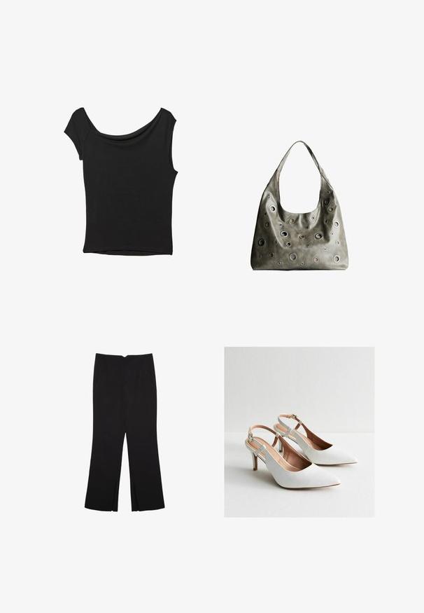 Top nero a maniche corte realizzato in tessuto liscio; presenta un colletto drappeggiato e un orlo asimmetrico, con una vestibilità aderente.; Pantaloni neri a gamba dritta, con tasche frontali e spacchi laterali all'orlo. Realizzati in tessuto morbido e liscio. Adatti a diverse occasioni.; Tacchi a spillo bianchi con punta affusolata, materiale in pelle, design minimalista e tacco medio. Dettaglio con cinturino alla caviglia regolabile.; Borsa a tracolla in pelle verde oliva con un design morbido, caratterizzata da tagli circolari di diverse dimensioni e dettagli in tonalità più scure e più chiare.