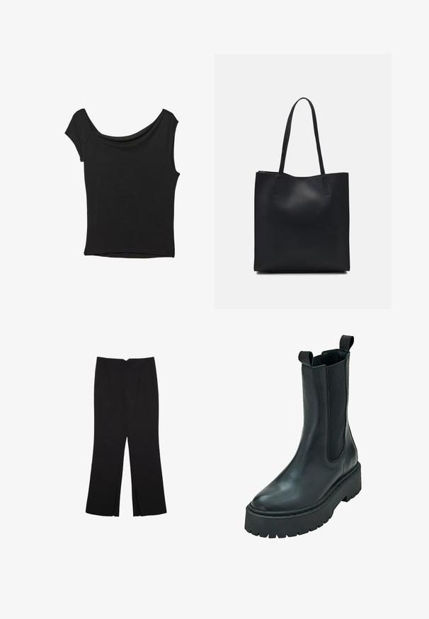 Black short-sleeve top made of smooth fabric; features a draped neckline and an asymmetrical hemline, with a fitted body.; Black trousers with a straight fit, featuring front pockets and side slits at the hem. Made of soft, smooth fabric. Suitable for various occasions.; Black leather ankle boot with elastic side panels, rounded toe, and a thick, textured rubber sole. Features two pull tabs for ease of wear.; Black leather tote bag with smooth texture, rectangular shape, and two long handles. No visible hardware or embellishments.